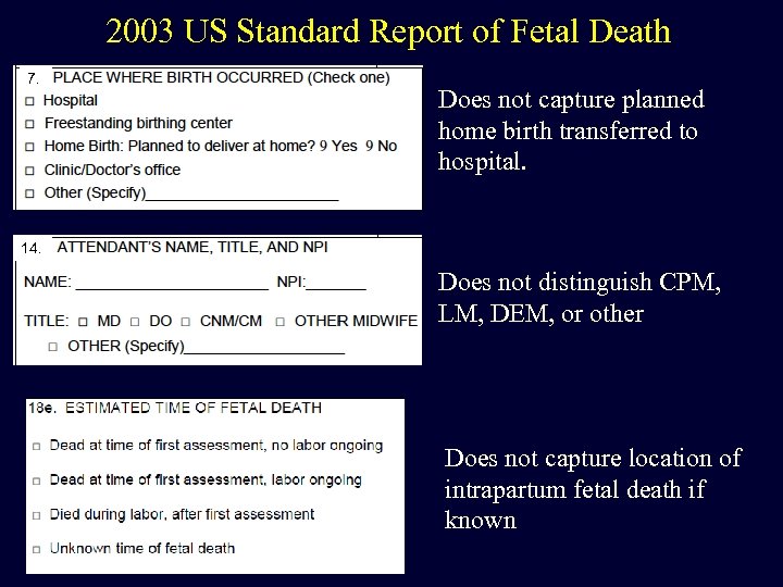 2003 US Standard Report of Fetal Death 7. Does not capture planned home birth