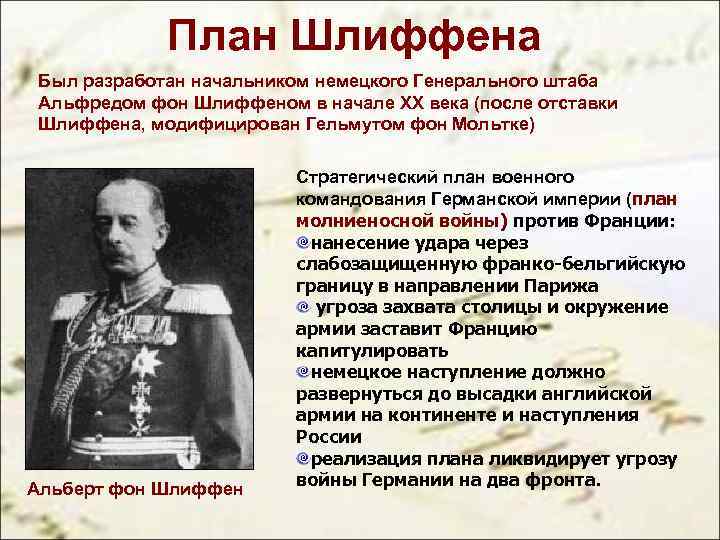 План Шлиффена Был разработан начальником немецкого Генерального штаба Альфредом фон Шлиффеном в начале XX