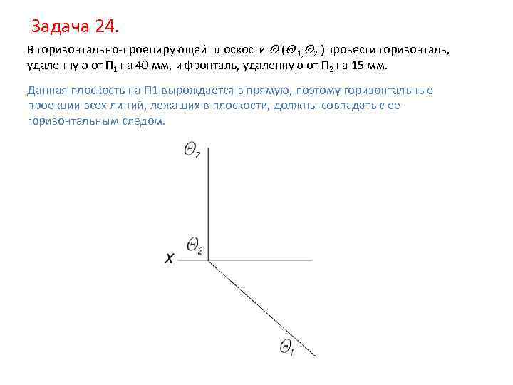 Задача 24. В горизонтально-проецирующей плоскости ( 1, 2 ) провести горизонталь, удаленную от П