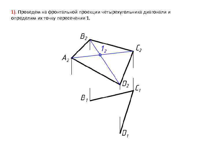 1). Проведем на фронтальной проекции четырехугольника диагонали и определим их точку пересечения 1. 