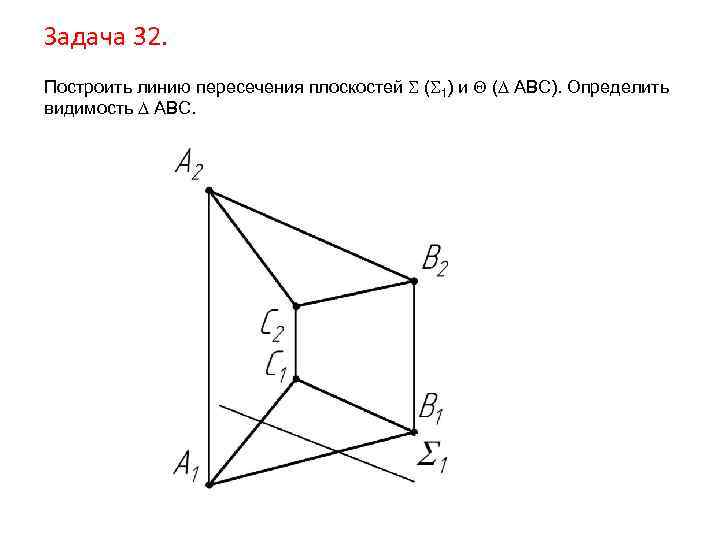 Задача 32. Построить линию пересечения плоскостей ( 1) и ( АВС). Определить видимость АВС.