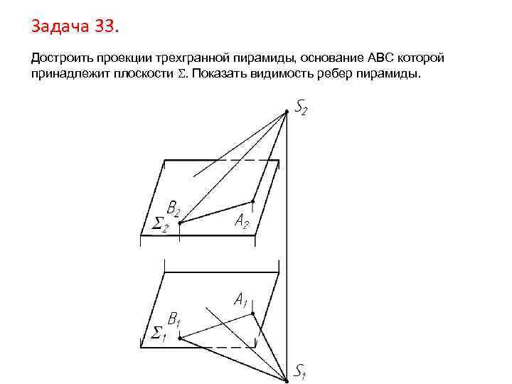 Задача 33. Достроить проекции трехгранной пирамиды, основание АВС которой принадлежит плоскости . Показать видимость