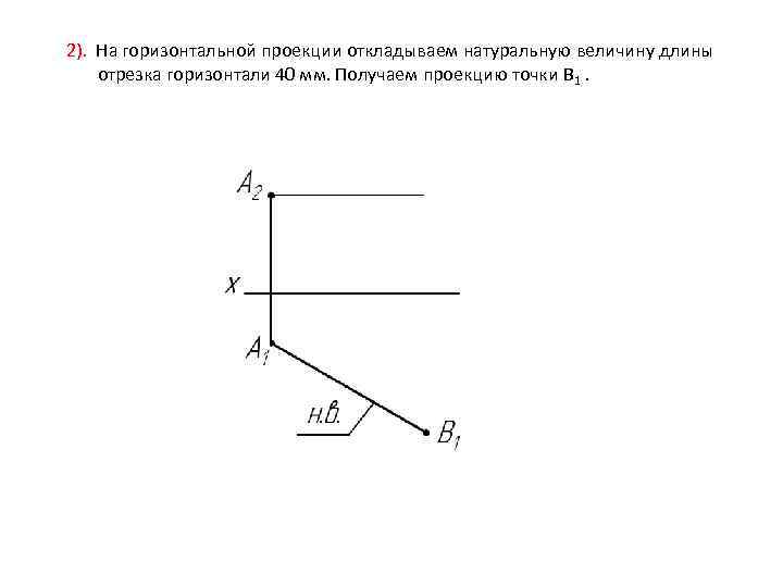 2). На горизонтальной проекции откладываем натуральную величину длины отрезка горизонтали 40 мм. Получаем проекцию