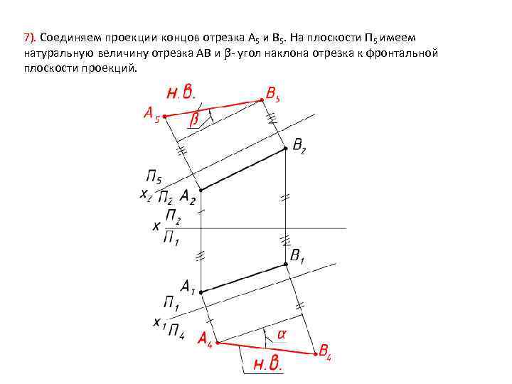 7). Соединяем проекции концов отрезка A 5 и B 5. На плоскости П 5