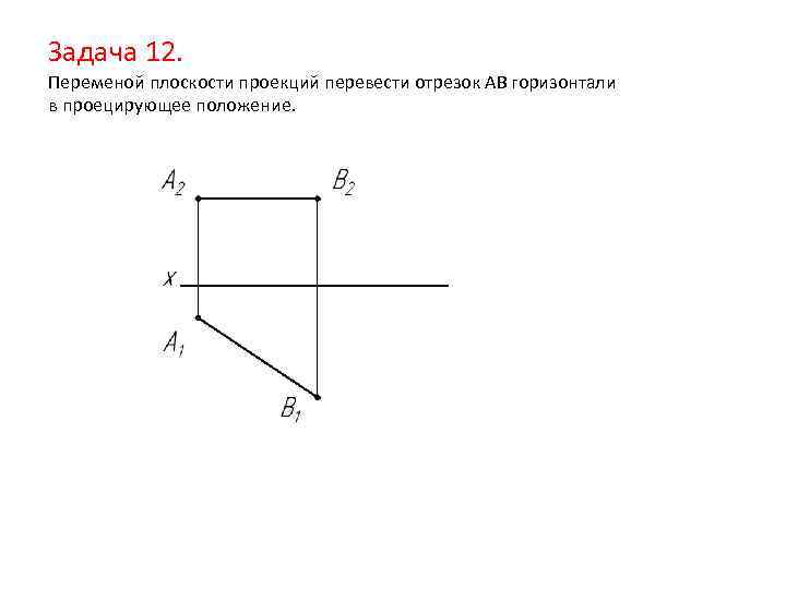 Задача 12. Переменой плоскости проекций перевести отрезок АВ горизонтали в проецирующее положение. 