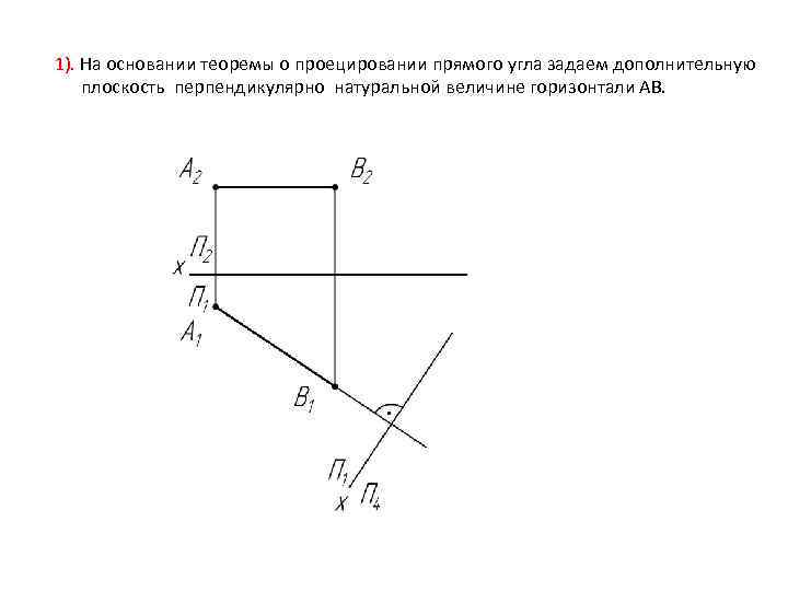 1). На основании теоремы о проецировании прямого угла задаем дополнительную плоскость перпендикулярно натуральной величине