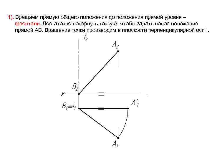 1). Вращаем прямую общего положения до положения прямой уровня – фронтали. Достаточно повернуть точку