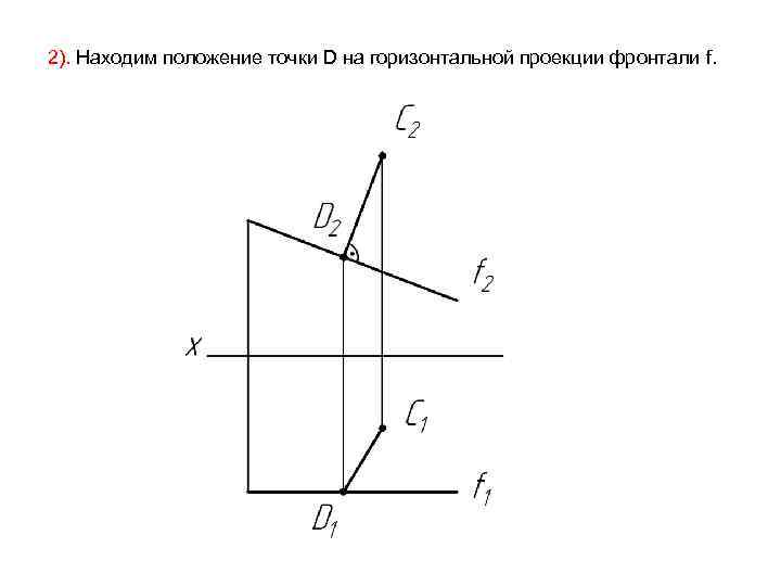 2). Находим положение точки D на горизонтальной проекции фронтали f. 