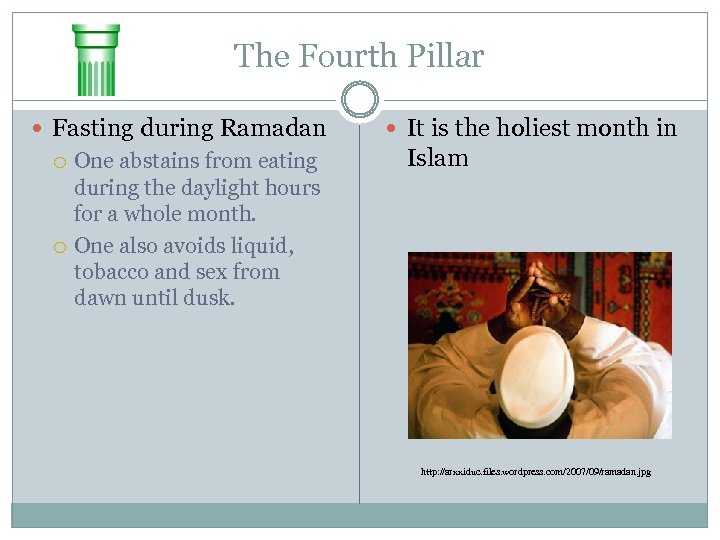 The Fourth Pillar Fasting during Ramadan One abstains from eating during the daylight hours