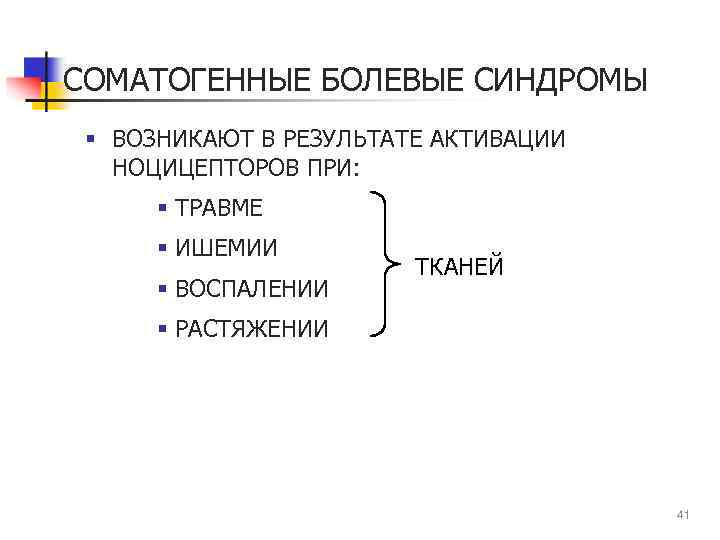 СОМАТОГЕННЫЕ БОЛЕВЫЕ СИНДРОМЫ § ВОЗНИКАЮТ В РЕЗУЛЬТАТЕ АКТИВАЦИИ НОЦИЦЕПТОРОВ ПРИ: § ТРАВМЕ § ИШЕМИИ