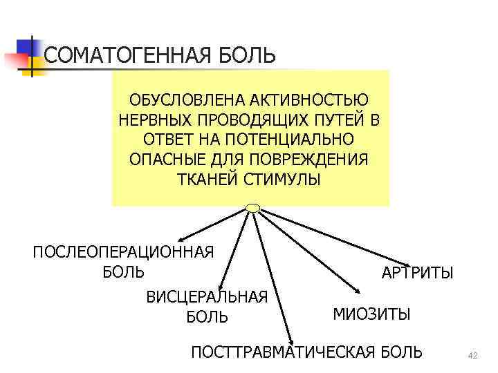 СОМАТОГЕННАЯ БОЛЬ ОБУСЛОВЛЕНА АКТИВНОСТЬЮ НЕРВНЫХ ПРОВОДЯЩИХ ПУТЕЙ В ОТВЕТ НА ПОТЕНЦИАЛЬНО ОПАСНЫЕ ДЛЯ ПОВРЕЖДЕНИЯ