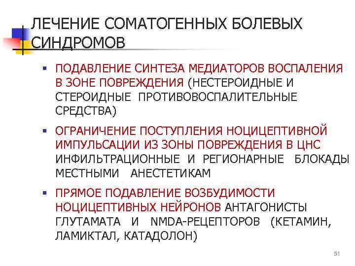 ЛЕЧЕНИЕ СОМАТОГЕННЫХ БОЛЕВЫХ СИНДРОМОВ § ПОДАВЛЕНИЕ СИНТЕЗА МЕДИАТОРОВ ВОСПАЛЕНИЯ В ЗОНЕ ПОВРЕЖДЕНИЯ (НЕСТЕРОИДНЫЕ И