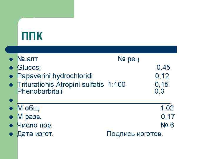 ППК № апт № рец Glucosi 0, 45 Papaverini hydrochloridi 0, 12 Triturationis Atropini