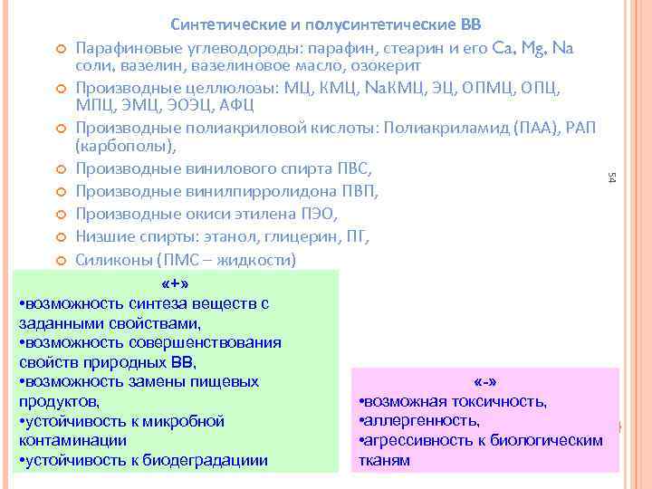  «+» • возможность синтеза веществ с заданными свойствами, • возможность совершенствования свойств природных