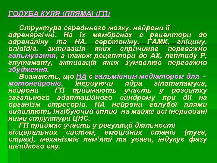 ГОЛУБА КУЛЯ (ПЛЯМА) (ГП) Структура середнього мозку, нейрони її адренергічні. На їх мембранах є