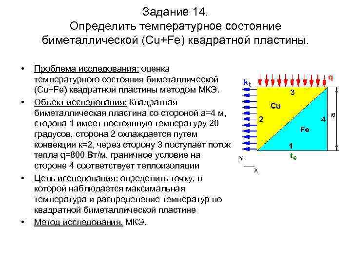 Задание 14. Определить температурное состояние биметаллической (Cu+Fe) квадратной пластины. • • Проблема исследования: оценка