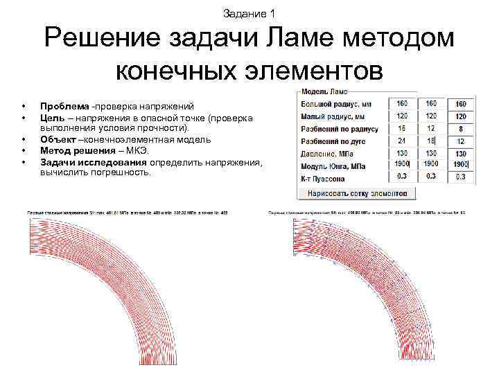 Задание 1 Решение задачи Ламе методом конечных элементов • • • Проблема -проверка напряжений
