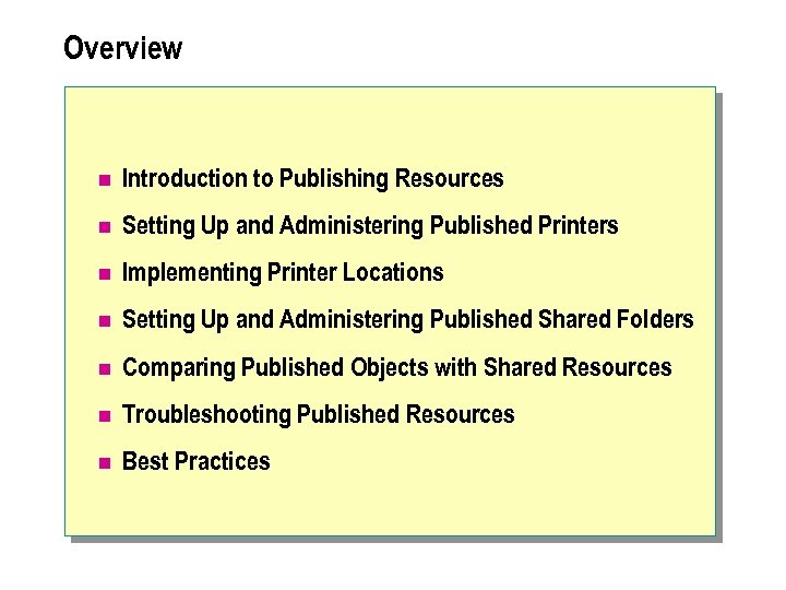 Overview n Introduction to Publishing Resources n Setting Up and Administering Published Printers n
