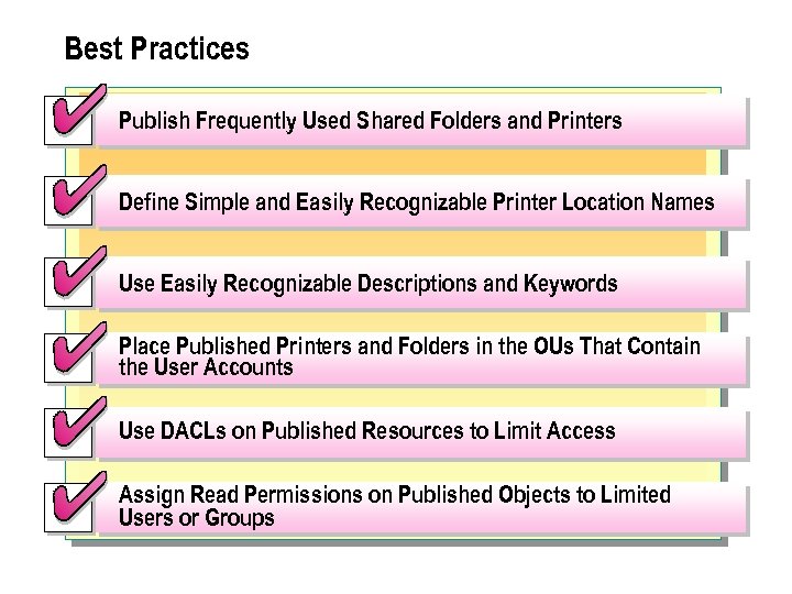 Best Practices Publish Frequently Used Shared Folders and Printers Define Simple and Easily Recognizable