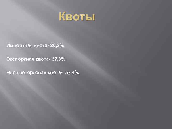 Квоты Импортная квота- 20, 2% Экспортная квота- 37, 3% Внешнеторговая квота- 57, 4% 