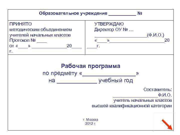 Образовательное учреждение ______ № ПРИНЯТО УТВЕРЖДАЮ методическим объединением Директор ОУ № … учителей начальных