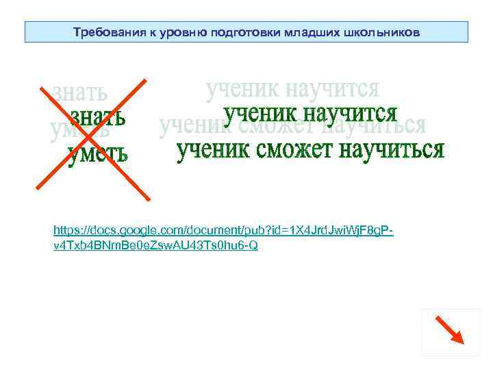 Требования к уровню подготовки младших школьников https: //docs. google. com/document/pub? id=1 X 4 Jrd.