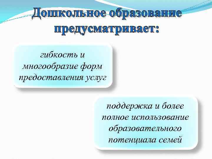 Дошкольное образование предусматривает: гибкость и многообразие форм предоставления услуг поддержка и более полное использование