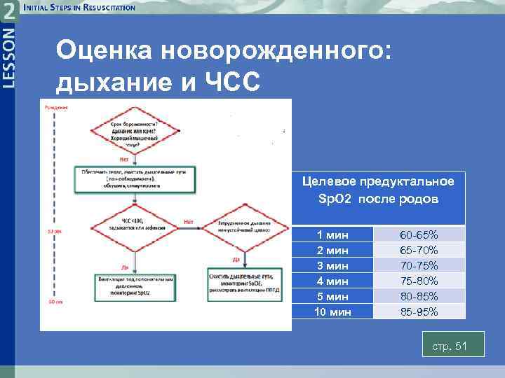 Оценка новорожденного: дыхание и ЧСС Целевое предуктальное Sp. O 2 после родов 1 мин