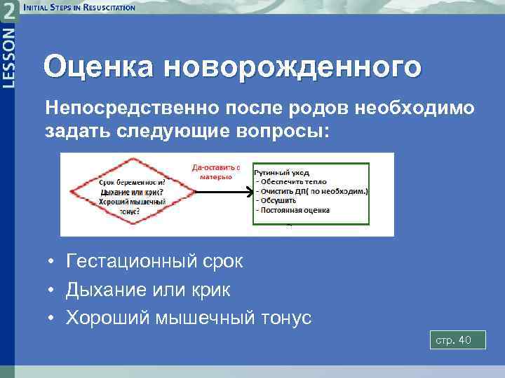 Оценка новорожденного Непосредственно после родов необходимо задать следующие вопросы: • Гестационный срок • Дыхание
