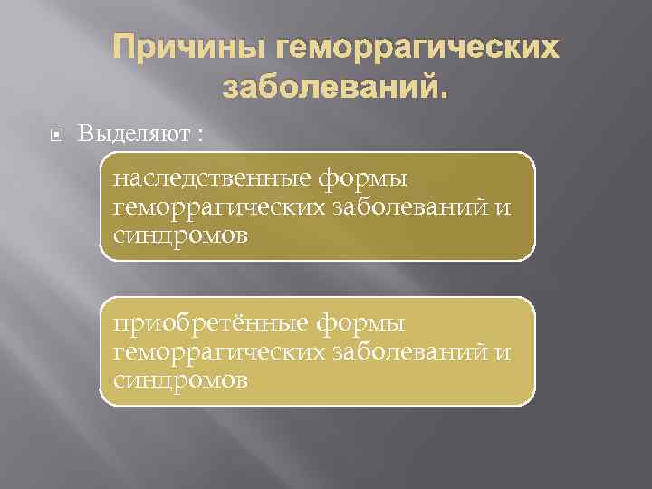 Причины геморрагических заболеваний. Выделяют : наследственные формы геморрагических заболеваний и синдромов приобретённые формы геморрагических