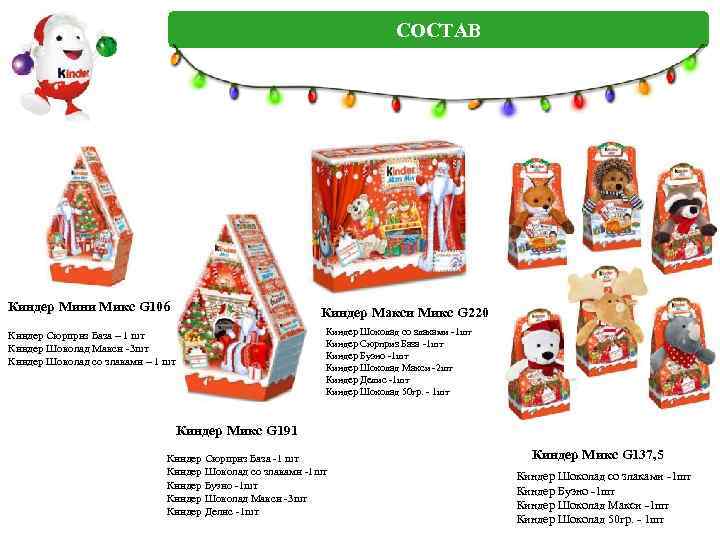 СОСТАВ Киндер Мини Микс G 106 Киндер Макси Микс G 220 Киндер Шоколад со