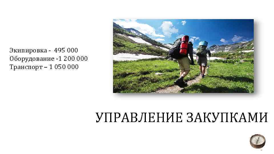 Экипировка - 495 000 Оборудование -1 200 000 Транспорт – 1 050 000 УПРАВЛЕНИЕ