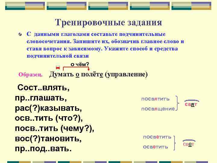 Тренировочные задания С данными глаголами составьте подчинительные словосочетания. Запишите их, обозначив главное слово и