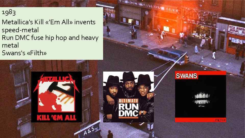 1983 Metallica's Kill «'Em All» invents speed-metal Run DMC fuse hip hop and heavy