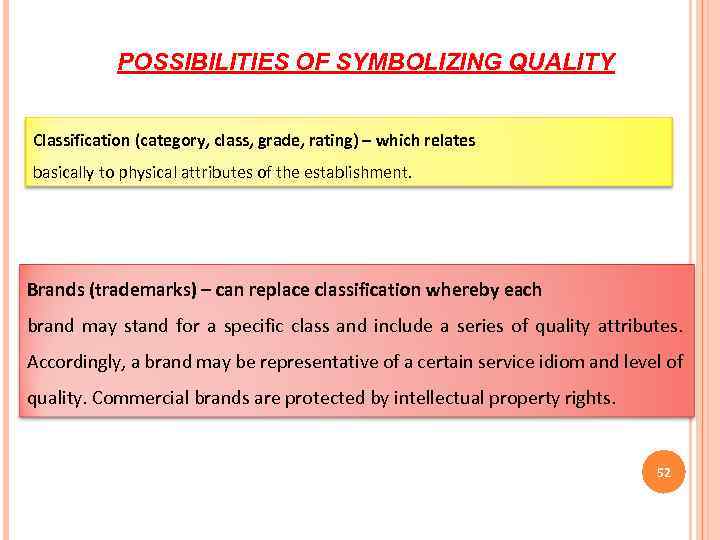 POSSIBILITIES OF SYMBOLIZING QUALITY Classification (category, class, grade, rating) – which relates basically to