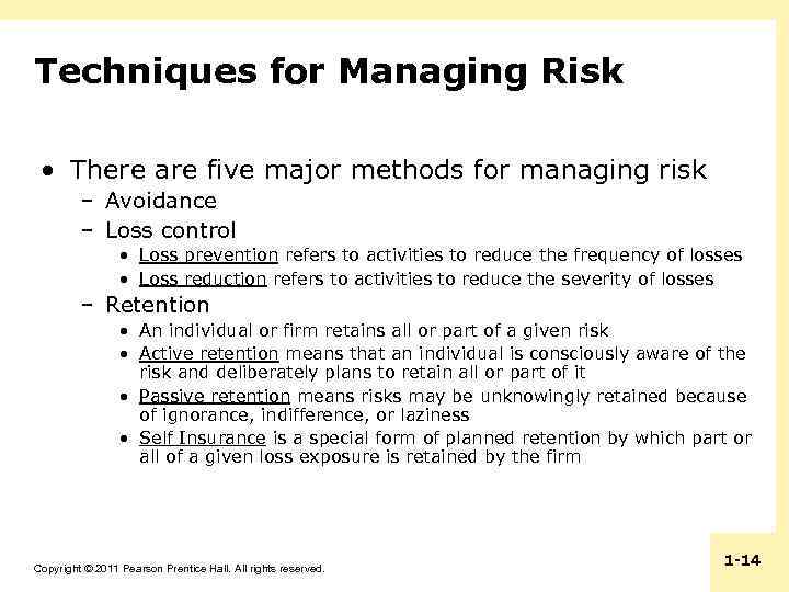 Techniques for Managing Risk • There are five major methods for managing risk –