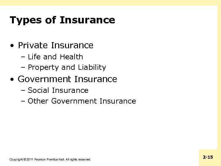 Types of Insurance • Private Insurance – Life and Health – Property and Liability