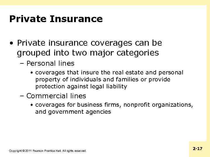 Private Insurance • Private insurance coverages can be grouped into two major categories –
