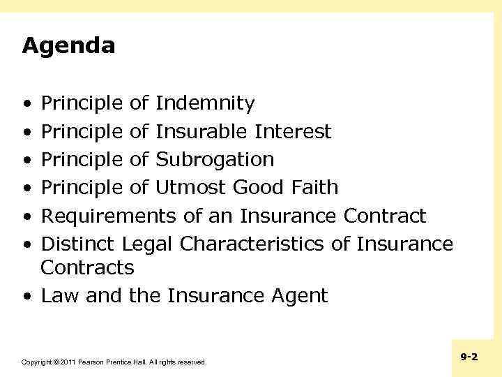 Agenda • • • Principle of Indemnity Principle of Insurable Interest Principle of Subrogation