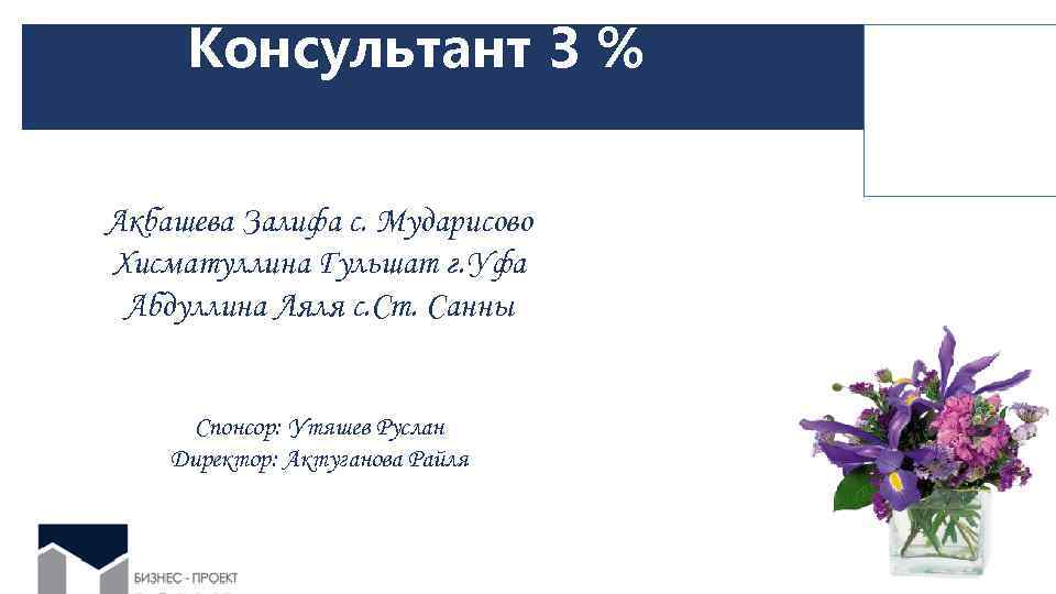 Консультант 3 % Акбашева Залифа с. Мударисово Хисматуллина Гульшат г. Уфа Абдуллина Ляля с.