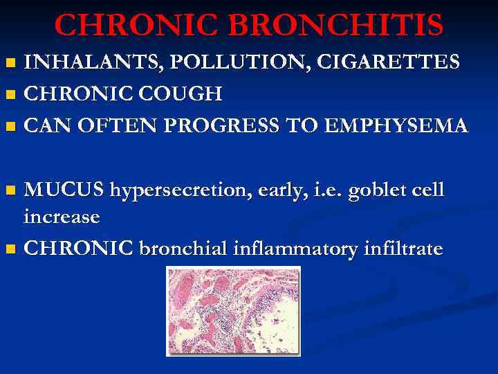 CHRONIC BRONCHITIS INHALANTS, POLLUTION, CIGARETTES n CHRONIC COUGH n CAN OFTEN PROGRESS TO EMPHYSEMA