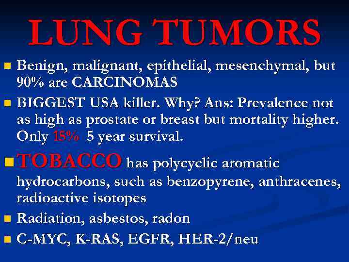 LUNG TUMORS Benign, malignant, epithelial, mesenchymal, but 90% are CARCINOMAS n BIGGEST USA killer.