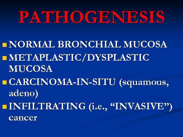 PATHOGENESIS n NORMAL BRONCHIAL MUCOSA n METAPLASTIC/DYSPLASTIC MUCOSA n CARCINOMA-IN-SITU (squamous, adeno) n INFILTRATING