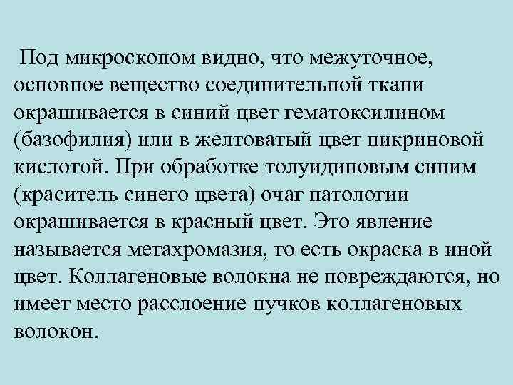  Под микроскопом видно, что межуточное, основное вещество соединительной ткани окрашивается в синий цвет