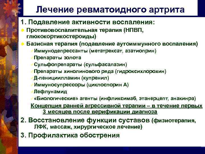 Лечение ревматоидного артрита 1. Подавление активности воспаления: Противовоспалительная терапия (НПВП, глюкокортикостероиды) ® Базисная терапия