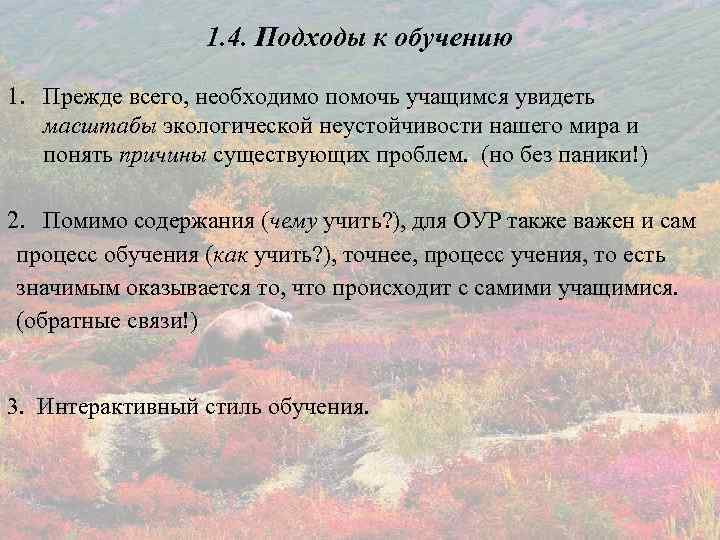 1. 4. Подходы к обучению 1. Прежде всего, необходимо помочь учащимся увидеть масштабы экологической