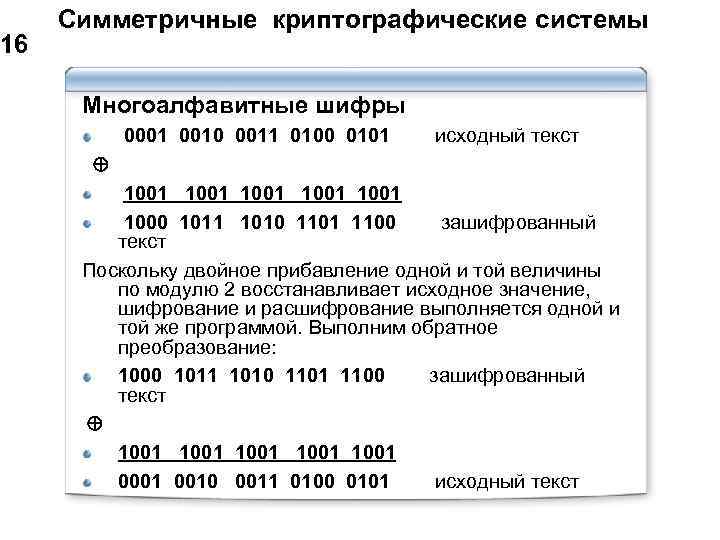 16 Симметричные криптографические системы Многоалфавитные шифры 0001 0010 0011 0100 0101 исходный текст 1001