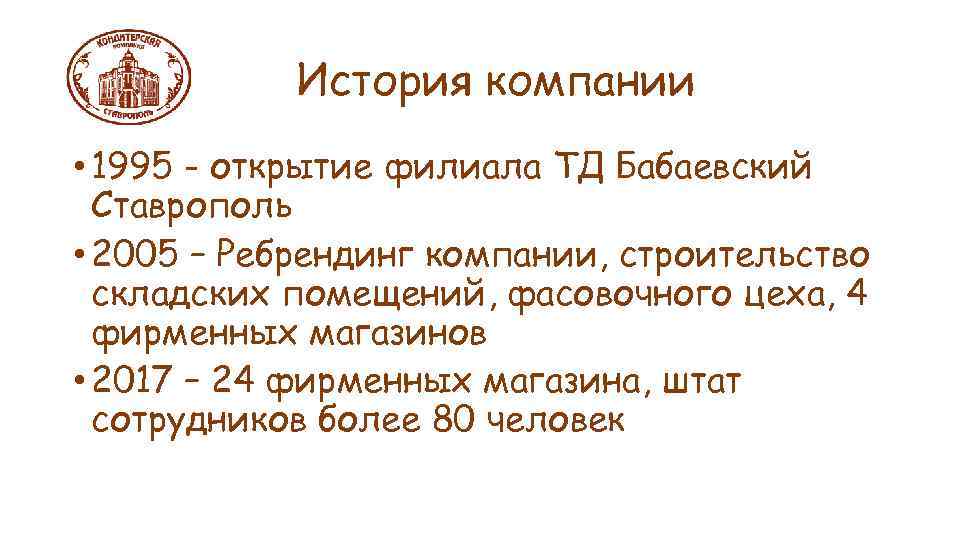 История компании • 1995 - открытие филиала ТД Бабаевский Ставрополь • 2005 – Ребрендинг