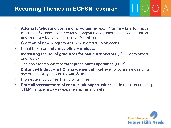 Recurring Themes in EGFSN research • • Adding to/adjusting course or programme e. g.