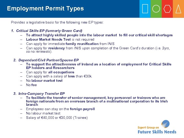 Employment Permit Types Provides a legislative basis for the following new EP types: 1.